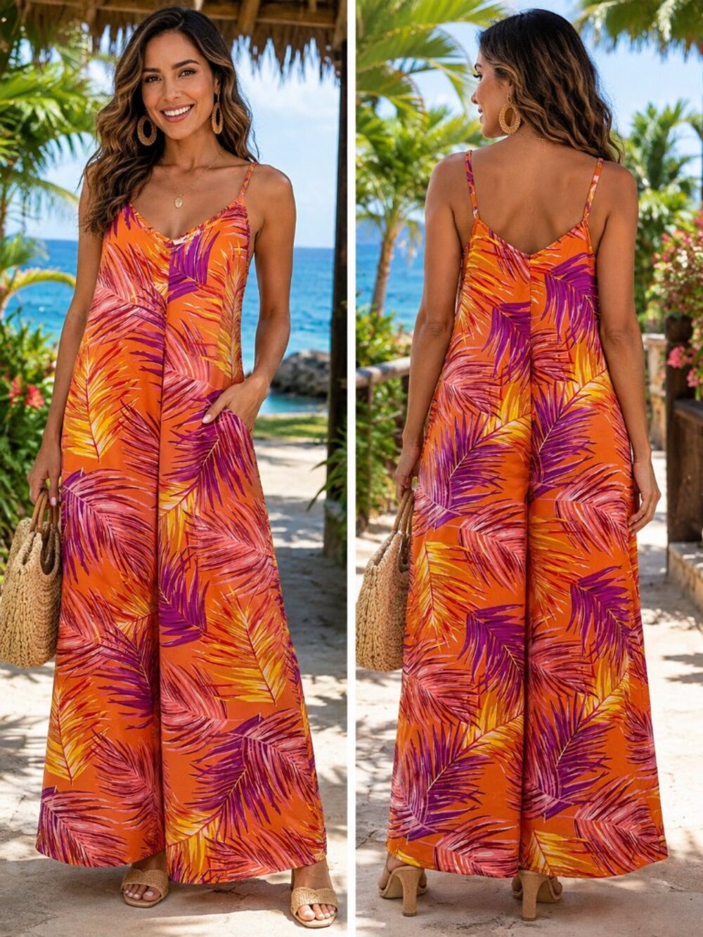 🌴 EASEL Tropical Palm Print Wide Leg Jumpsuit M Orange Resort
